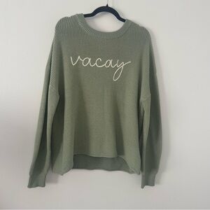 Sage Green Vacay Graphic Knit Sweater M/L Relaxed Fit Lightweight Crewneck